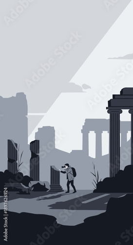 Explorer Discovering Ancient Ruins Under Dramatic Light Rays