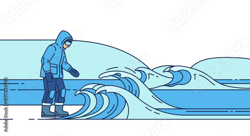 Explorer Facing Approaching Oceanic Waves In Cool Tones Graphic Art
