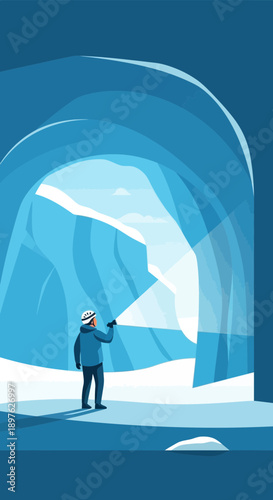 Explorer Illuminating Vast Glacial Cavern Depths