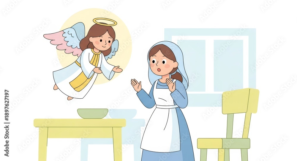 Fototapeta premium Floating angel with halo speaking to young woman in blue dress and white apron. Annunciation scene from the Bible for religious illustration.