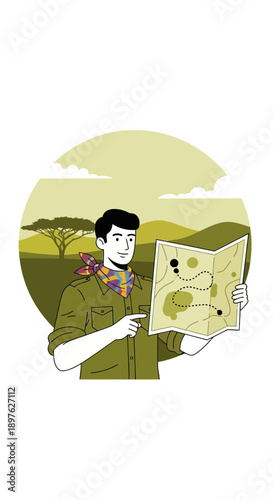 Explorer With Safari Map Amidst African Landscape Adventure Planning