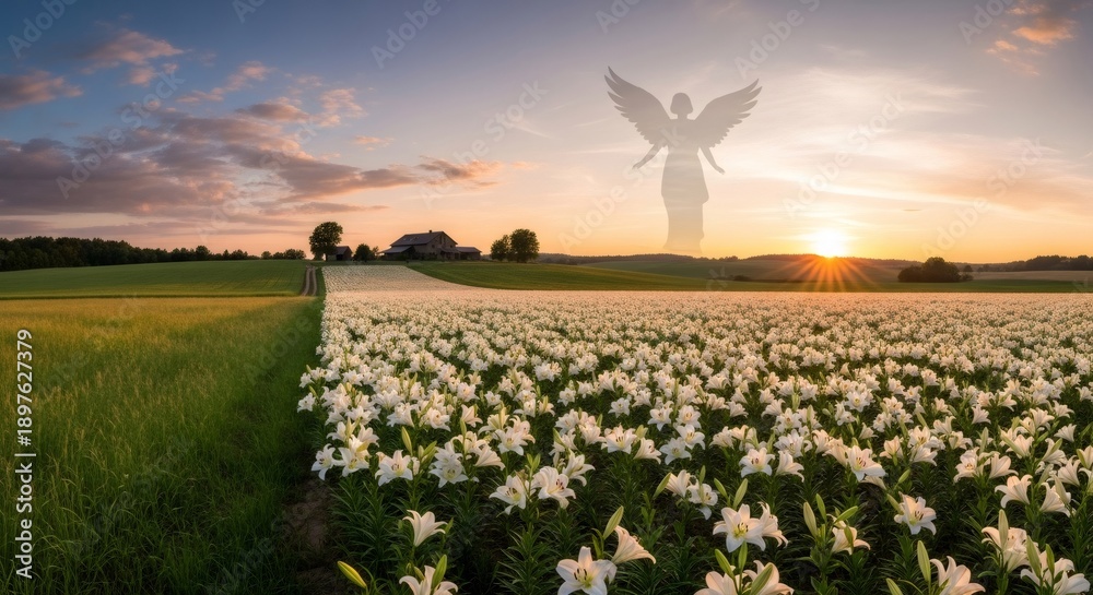 Fototapeta premium Angel spirit over a field of white lily flowers at sunset. Religious concept for Easter or Palm Sunday. Heavenly peace and spiritual moment.