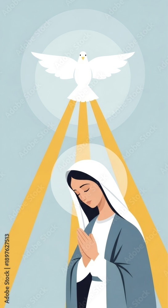 Naklejka premium Woman praying with dove and light rays, symbolizing the Annunciation or spiritual devotion. Religious illustration for Easter, Virgin Mary, or Palm Sunday.