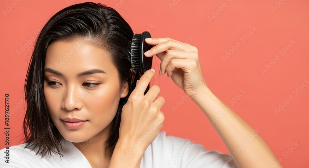 Fototapeta premium young asian woman brushing hair against coral background with casual expression and focus