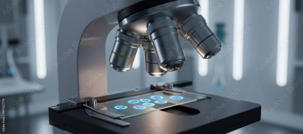 Fototapeta premium Futuristic microscope with holographic digital display in modern laboratory. Blue glowing interface on slide stage for scientific research and biotech analysis.