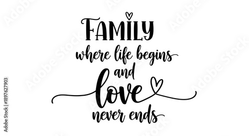 Elegant "Family where life begins and love never ends" typography with subtle heart details, isolated white background.