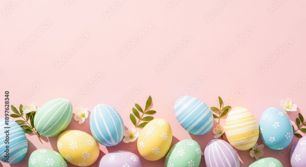 Fototapeta premium pastel easter eggs on pink background with flowers and leaves celebrating spring holiday