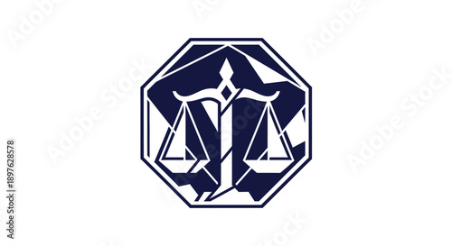 Geometric Emblem Depicting Justice Scales In A Modern and Architectonic Perspective