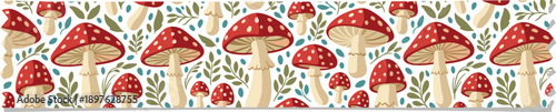Enchanted Forest Adhesive Tape: Whimsical Mushroom Pattern for Crafts, Decor, and Scrapbooking with Playful Toadstools and Botanical Elements