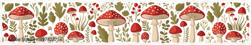 Enchanted Forest Border: Seamless Pattern of Whimsical Fly Agaric Mushrooms and Foliage for Invitations, Stationary, and Craft Projects [139 characters]