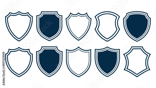 A collection of blue and white shield icons on a clean white background for security and protection concepts