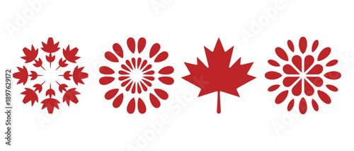 A set of red Canadian symbols and floral designs on a white background