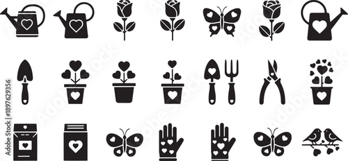 Gardening icons for valentines day featuring heart shaped flowers and tools for romantic hobby and horticulture
