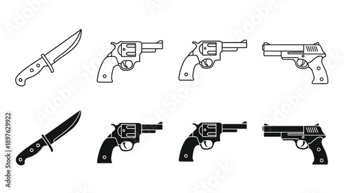 Weaponry collection featuring knives and revolvers in stark silhouette
