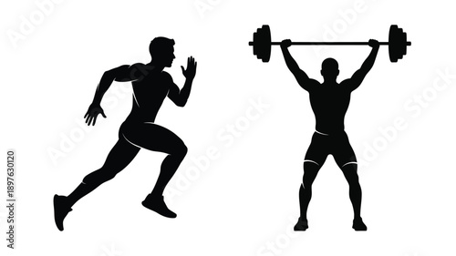 Two athletes in action a runner and a weightlifter silhouette