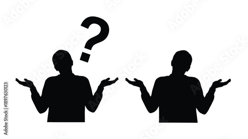 Two figures with questioning gestures a black silhouette