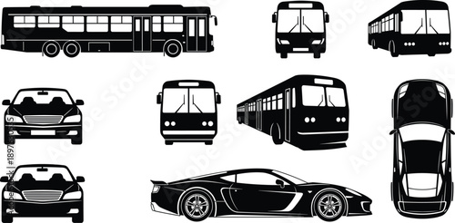 Black silhouette illustrations of buses and cars in multiple angles, front, side, and top views for transport design and education