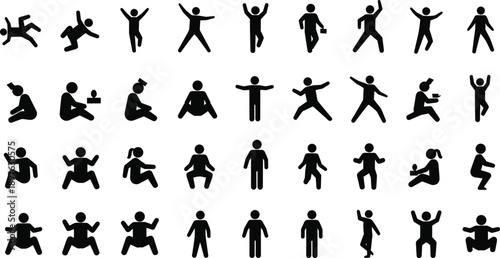 Black silhouette vector icons of human figures in diverse poses and activities including running, dancing, reading, walking, and expressive gestures for design use