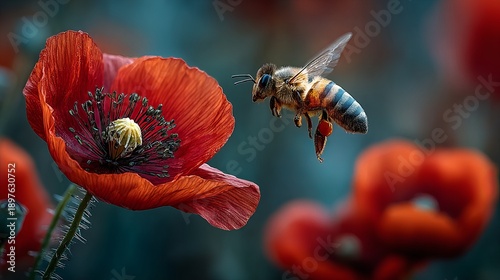 Busy bee flying towards vibrant red poppy in garden