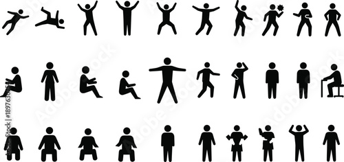 Black silhouette vector icons of human figures in diverse poses including running, sitting, standing, dancing, fighting, and expressive gestures for design use
