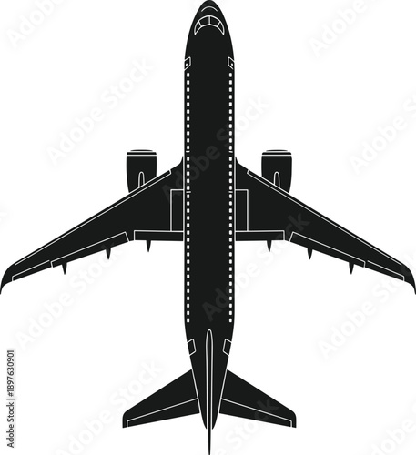 Top-down black silhouette vector illustration of commercial jet airplane with wings, engines, fuselage, and tail for aviation, transport, and design projects