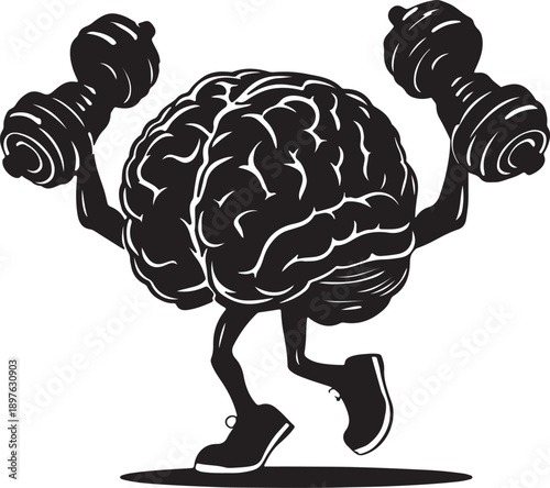Human brain character lifting dumbbells in a playful fitness concept, bold black-and-white vector illustration