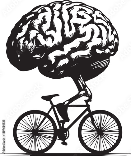 Human brain riding bicycle, black-and-white illustration featuring surreal concept with clean, minimalist design
