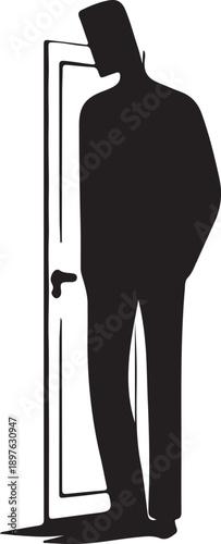Silhouette of a man in a hat opening a door slightly, mysterious and minimalist black-and-white design