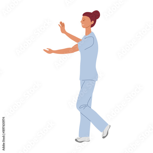 Woman nurse in blue specialized medical uniform greets patient with open arms. Flat vector illustration. Clinic staff.