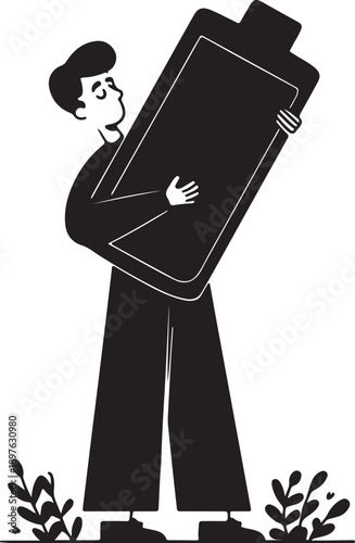 Black and white minimalist illustration of man struggling to carry oversized empty battery pack, symbolizing exhaustion