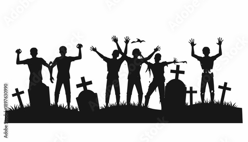 Silhouette of people rising from graves with arms raised in celebration.