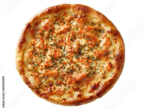 A delicious salmon pizza with herbs, ready to be enjoyed Isolated Transparent Background, PNG