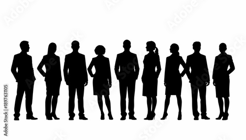 Diverse group of business professionals standing together in silhouette.