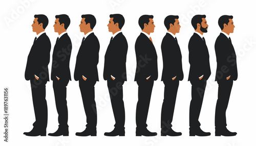 Illustration of men in suits lined up in a row with varying body types and facial hair.