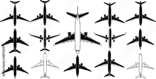 Collection of fifteen airplane silhouettes in grid, top-down aircraft illustration showing diverse designs, aviation pattern, transportation concept, and flight themes