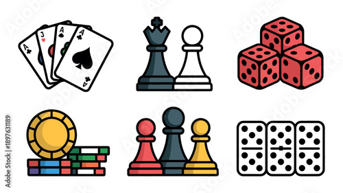 A colorful illustration of various gaming icons including cards, chess pieces, dice, poker chips, and dominoes.