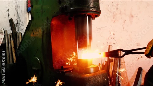 A craftsman hammering a hot iron bar with a press machine in a blacksmith's workshop with original sound track