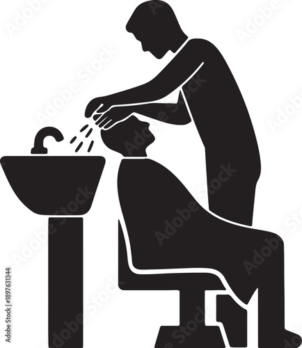Silhouette of barber washing client's hair in salon sink, minimalist design with bold black and white contrast