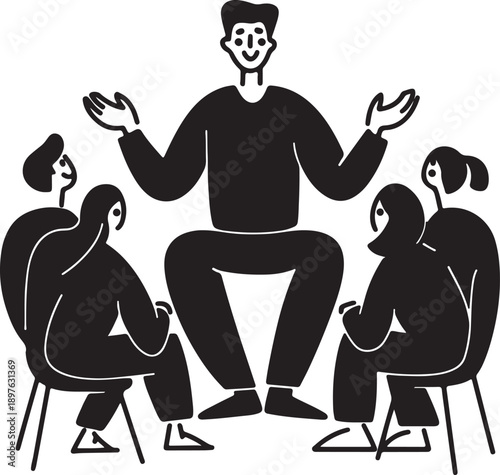 Business team discussion with leader explaining ideas in a minimalist black-and-white vector design style