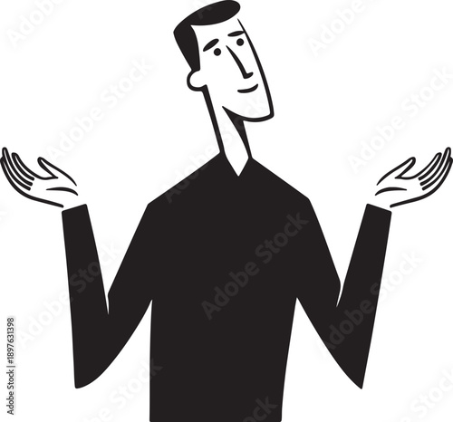 Confused man shrugging with hands raised in uncertainty, minimalist black and white flat design style