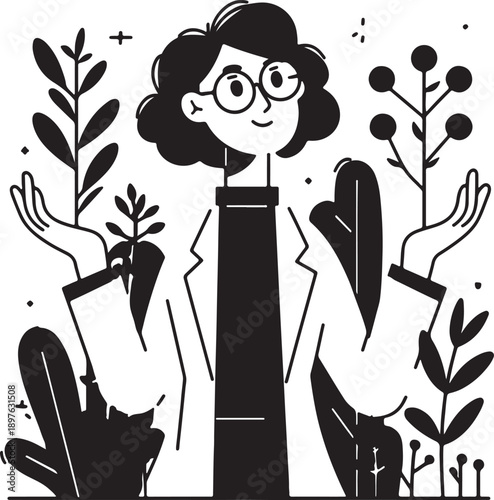 Happy female botanist holding plants in black-and-white minimalist illustration style, surrounded by nature