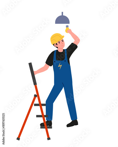 Electrician at his usual job. Replacing light bulb. Electrician in blue overall stands on stepladder and screws in new light bulb