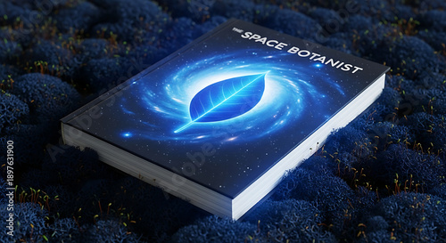Futuristic Book Cover, Space Botanist, Cosmic Garden, Digital Art, Starry Environment, Close-Up View, Sci-Fi Concept
