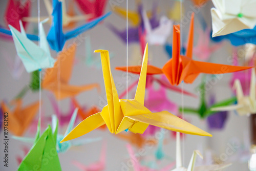 Japanese paper cranes made with origami.
