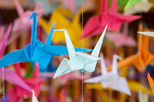 Japanese paper cranes made with origami.
