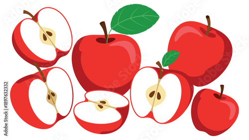 A vibrant illustration of red apples and sliced apples with green leaves on a white background