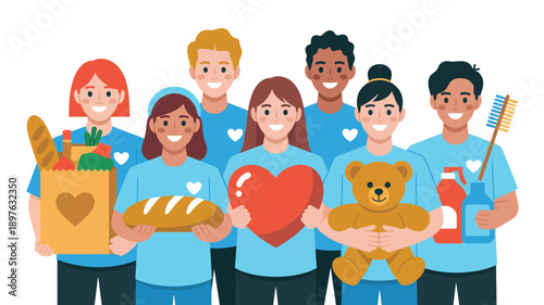 A diverse group of volunteers wearing blue shirts and holding various items for charity.