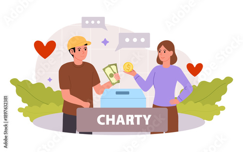 Charity. Man and woman place cash coins and banknotes into donation box for aid to those in need. Cash donations.