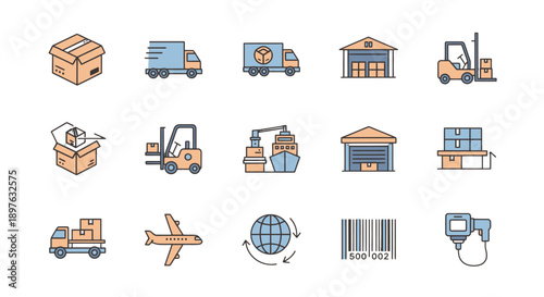 Collection of Logistics and Shipping Icons Featuring Various Vehicles and Symbols.