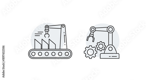 Industrial robotic arms in operation with mechanical components.